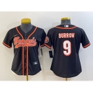 Women's Cincinnati Bengals #9 Joe Burrow Black With Patch Cool Base Stitched Baseball Jersey