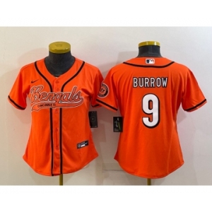 Women's Cincinnati Bengals #9 Joe Burrow Orange With Patch Cool Base Stitched Baseball Jersey