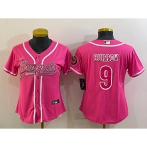 Women's Cincinnati Bengals #9 Joe Burrow Pink With Patch Cool Base Stitched Baseball Jersey