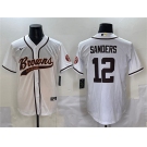 Men's Cleveland Browns #12 Shedeur Sanders White With Patch Cool Base Stitched Baseball Jersey