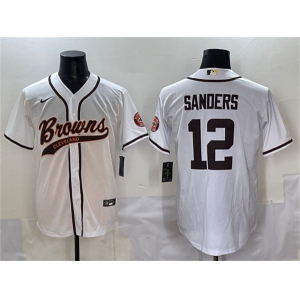 Men's Cleveland Browns #12 Shedeur Sanders White With Patch Cool Base Stitched Baseball Jersey