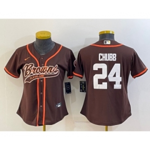 Women's Cleveland Browns #24 Nick Chubb Brown With Patch Cool Base Stitched Baseball Jersey