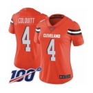 Women's Cleveland Browns #4 Britton Colquitt Orange Alternate Vapor Untouchable Limited Player 100th Season Football Jersey