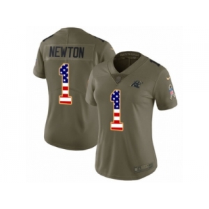 Women Nike Carolina Panthers #1 Cam Newton Limited Olive USA Flag 2017 Salute to Service NFL Jersey