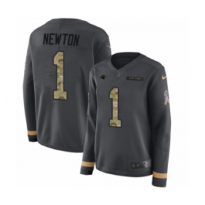 Women's Nike Carolina Panthers #1 Cam Newton Limited Black Salute to Service Therma Long Sleeve NFL Jersey