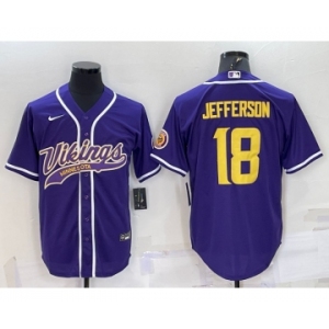 Men's Minnesota Vikings #18 Justin Jefferson Purple Yellow With Patch Cool Base Stitched Baseball Jersey