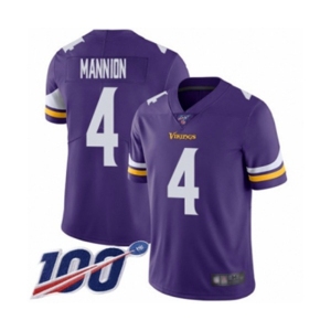 Men's Minnesota Vikings #4 Sean Mannion Purple Team Color Vapor Untouchable Limited Player 100th Season Football Jersey