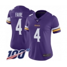 Women's Minnesota Vikings #4 Brett Favre Purple Team Color Vapor Untouchable Limited Player 100th Season Football Jersey