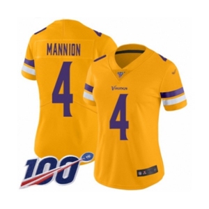 Women's Minnesota Vikings #4 Sean Mannion Limited Gold Inverted Legend 100th Season Football Jersey