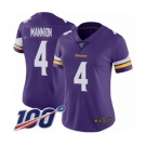 Women's Minnesota Vikings #4 Sean Mannion Purple Team Color Vapor Untouchable Limited Player 100th Season Football Jersey