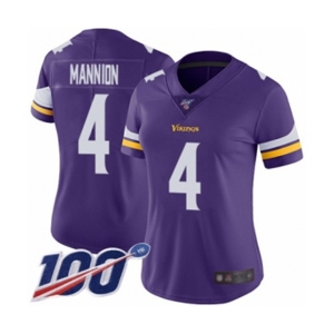 Women's Minnesota Vikings #4 Sean Mannion Purple Team Color Vapor Untouchable Limited Player 100th Season Football Jersey