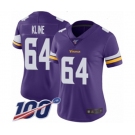 Women's Minnesota Vikings #64 Josh Kline Purple Team Color Vapor Untouchable Limited Player 100th Season Football Jersey