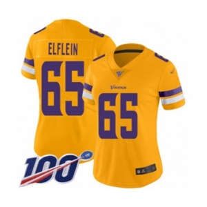 Women's Minnesota Vikings #65 Pat Elflein Limited Gold Inverted Legend 100th Season Football Jersey