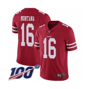 Men's San Francisco 49ers #16 Joe Montana Red Team Color Vapor Untouchable Limited Player 100th Season Football Jersey