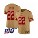 Men's San Francisco 49ers #22 Matt Breida Limited Gold Inverted Legend 100th Season Football Jersey