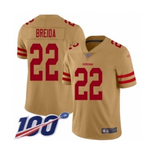 Men's San Francisco 49ers #22 Matt Breida Limited Gold Inverted Legend 100th Season Football Jersey