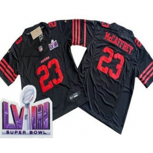 Men's San Francisco 49ers #23 Christian McCaffrey Limited Black LVIII Super Bowl FUSE Vapor JerseyMen's San Francisco 49ers #23 Christian McCaffrey Limited