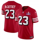 Men's San Francisco 49ers #23 Christian McCaffrey New Red 2024 F.U.S.E. Super Bowl LVIII Patch Vapor Untouchable Limited Football Stitched Jersey