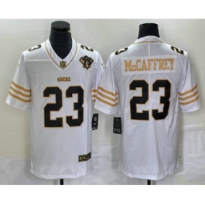 Men's San Francisco 49ers #23 Christian McCaffrey White 75th Patch Golden Edition Stitched Nike Limited Jersey