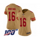 Women's San Francisco 49ers #16 Joe Montana Limited Gold Inverted Legend 100th Season Football Jersey