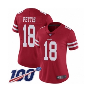 Women's San Francisco 49ers #18 Dante Pettis Red Team Color Vapor Untouchable Limited Player 100th Season Football Jersey