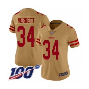 Women's San Francisco 49ers #34 Jason Verrett Limited Gold Inverted Legend 100th Season Football Jersey