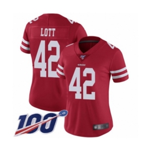 Women's San Francisco 49ers #42 Ronnie Lott Red Team Color Vapor Untouchable Limited Player 100th Season Football Jersey