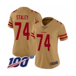 Women's San Francisco 49ers #74 Joe Staley Limited Gold Inverted Legend 100th Season Football Jersey