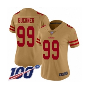 Women's San Francisco 49ers #99 DeForest Buckner Limited Gold Inverted Legend 100th Season Football Jersey