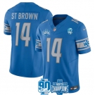 Men's Detroit Lions #14 Amon-Ra St. Brown Blue 2023 90th Anniversary North Division Champions Patch Limited Stitched Jersey