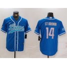 Men's Detroit Lions #14 Amon-Ra St. Brown Blue Cool Base Stitched Baseball Jersey