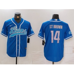 Men's Detroit Lions #14 Amon-Ra St. Brown Blue Cool Base Stitched Baseball Jersey