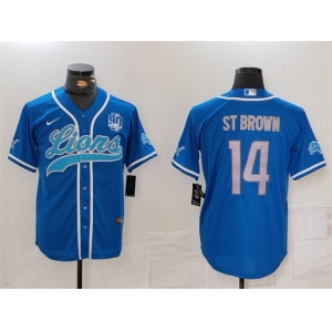 Men's Detroit Lions #14 Amon-Ra St. Brown Blue With 90th Anniversary Patch Cool Base Stitched Baseball Jersey