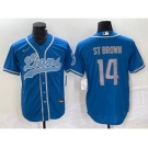 Men's Detroit Lions #14 Amon Ra St Brown Blue With Patch Cool Base Stitched Baseball Jersey