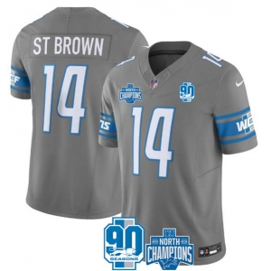 Men's Detroit Lions #14 Amon-Ra St. Brown Gray 2023 90th Anniversary North Division Champions Patch Limited Stitched Jersey