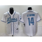 Men's Detroit Lions #14 Amon Ra St Brown White With Patch Cool Base Stitched Baseball Jersey