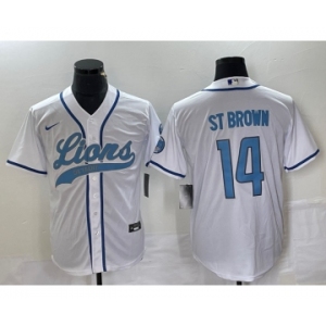 Men's Detroit Lions #14 Amon Ra St Brown White With Patch Cool Base Stitched Baseball Jersey