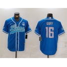 Men's Detroit Lions #16 Jared Goff Blue With 90th Anniversary Patch Cool Base Stitched Baseball Jersey