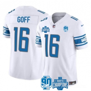 Men's Detroit Lions #16 Jared Goff White 2023 90th Anniversary North Division Champions Patch Limited Stitched Jersey