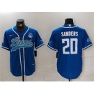 Men's Detroit Lions #20 Barry Sanders Blue With 90th Anniversary Patch Cool Base Stitched Baseball Jersey