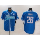 Men's Detroit Lions #26 Jahmyr Gibbs Blue With 90th Anniversary Patch Cool Base Stitched Baseball Jersey