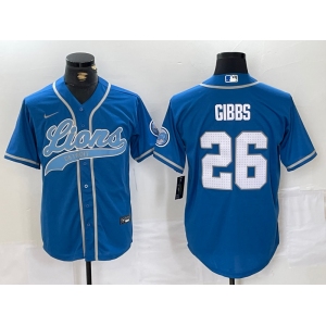 Men's Detroit Lions #26 Jahmyr Gibbs Blue With Patch Cool Base Stitched Baseball Jersey