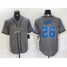 Men's Detroit Lions #26 Jahmyr Gibbs Grey Gridiron With Patch Cool Base Stitched Baseball Jersey