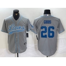 Men's Detroit Lions #26 Jahmyr Gibbs Grey With Patch Cool Base Stitched Baseball Jersey