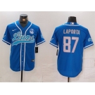 Men's Detroit Lions #87 Sam LaPorta Blue With 90th Anniversary Patch Cool Base Stitched Baseball Jersey