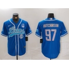 Men's Detroit Lions #97 Aidan Hutchinson Blue With 90th Patch Cool Base Stitched Baseball Jersey