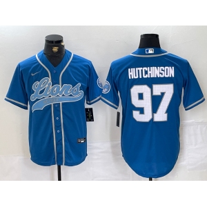 Men's Detroit Lions #97 Aidan Hutchinson Blue With Patch Cool Base Stitched Baseball Jersey