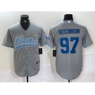 Men's Detroit Lions #97 Aidan Hutchinson Grey With Patch Cool Base Stitched Baseball Jersey