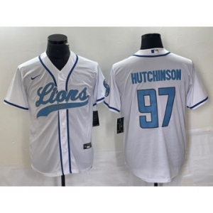 Men's Detroit Lions #97 Aidan Hutchinson White With Patch Cool Base Stitched Baseball Jersey
