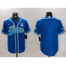 Men's Detroit Lions Blank Blue With 90th Patch Cool Base Stitched Baseball Jersey